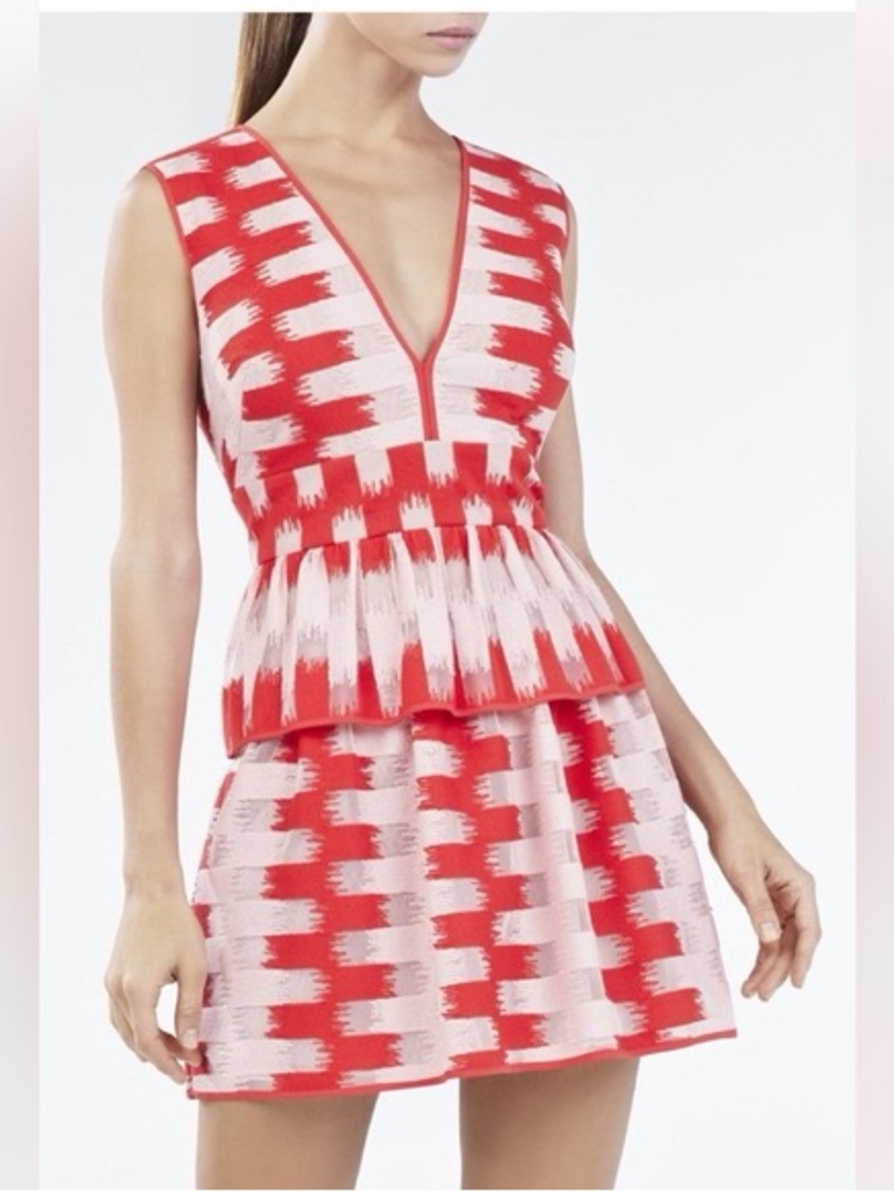 Orange & Light Pink Patterned V-Neck Peplum Dress